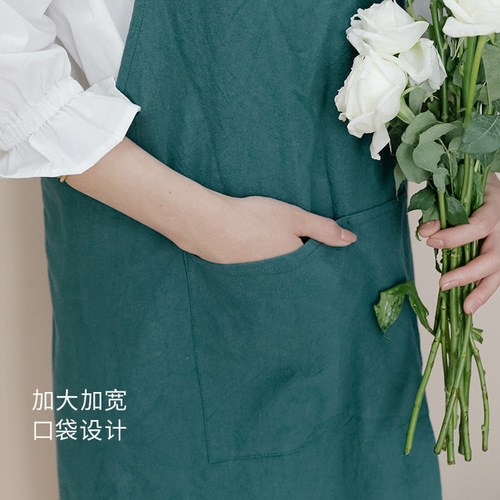 Japanese and Korean Cotton Linen Apron Minimalist Style Wide Shoulder Straps Solid Color Water-Resistant Washable Cotton Home Kitchen Apron for Women Wholesale Apron Waist