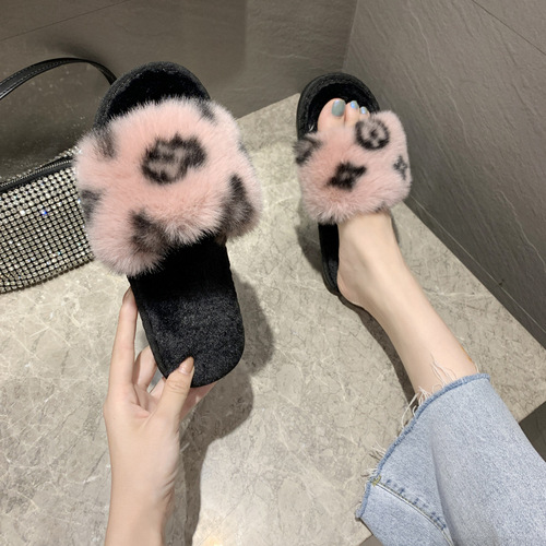 Amazon's new flower slip-on fur flat slippers for women's home high and low wool open cotton slippers foreign trade