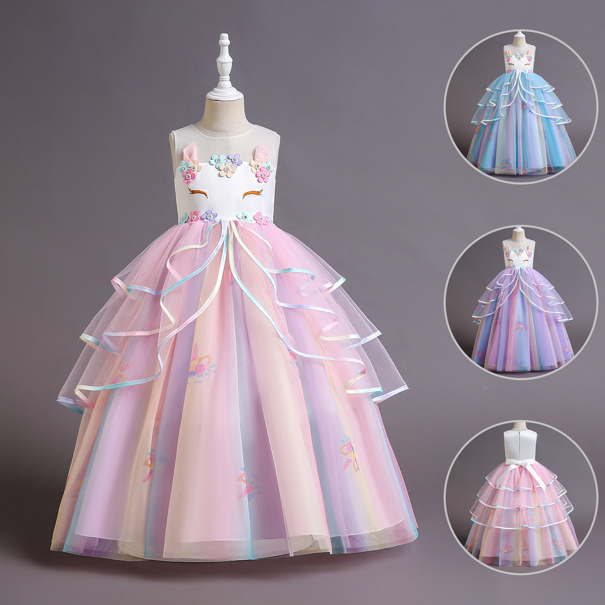Vestidos para niñas europeas y americanas, vestidos de princesa para niñas, vestidos de tul esponjosos, vestidos de niña de las flores con diseño de unicornio para primer cumpleaños, vestidos infantiles transfronterizos para festivales.
