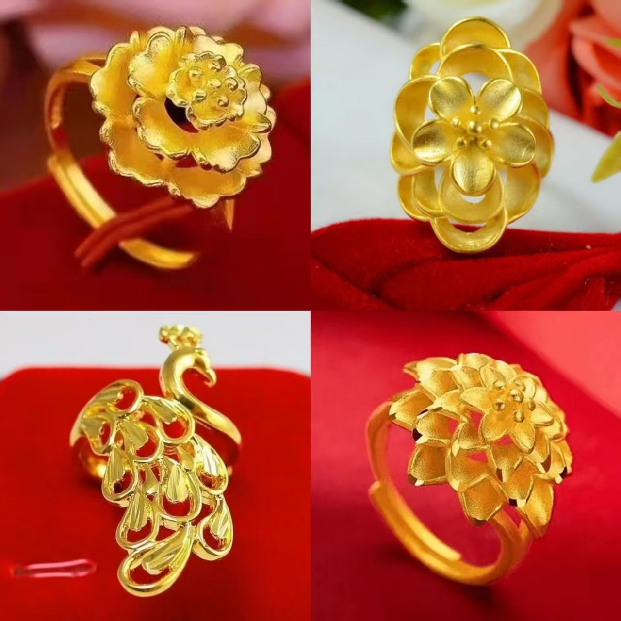 时尚民族风镀金大花朵戒指多款女款复古孔雀开屏戒指指环厂家批发