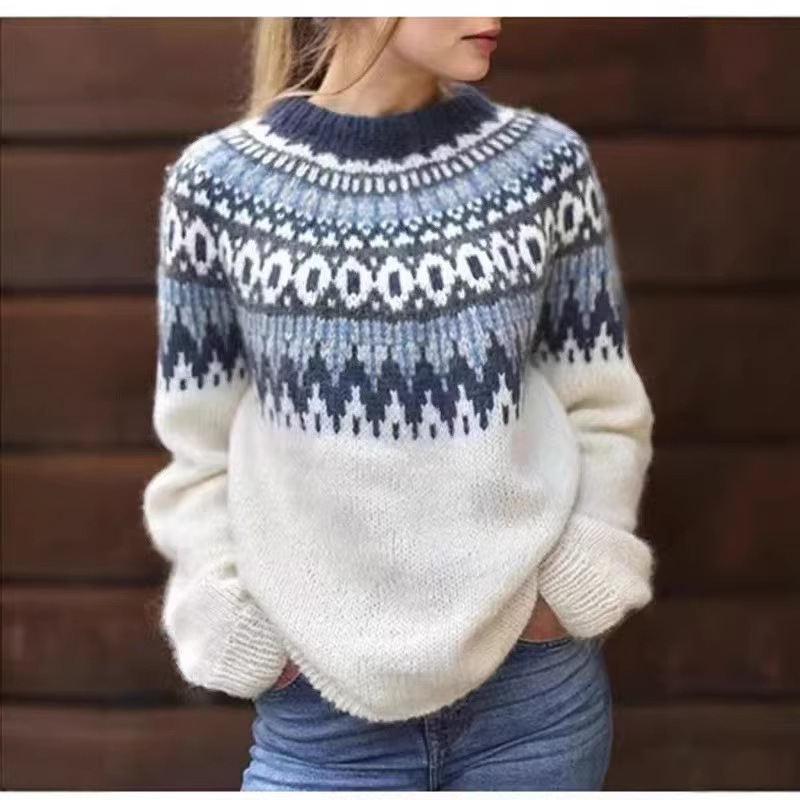 in stock Amazon European and American New Sweater Women's Wish Best Selling Round Neck Colorblock Loose Fashion Pullover Sweater
