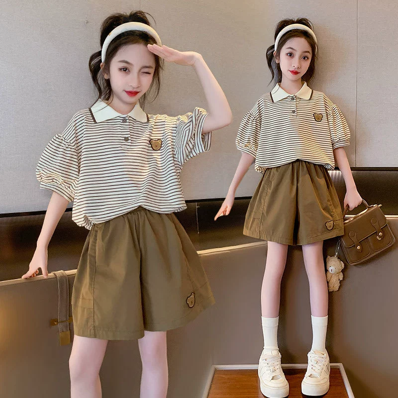 Летний костюм-поло для девочек, детские шорты с коротким рукавом, лето 2025, новый стиль, модный повседневный, для детей среднего и старшего возраста
