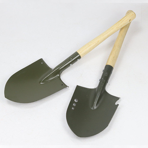Small engineer shovel with serrated wooden handle, small short handle, green hardwood handle, pointed shovel training training, flood rescue tool