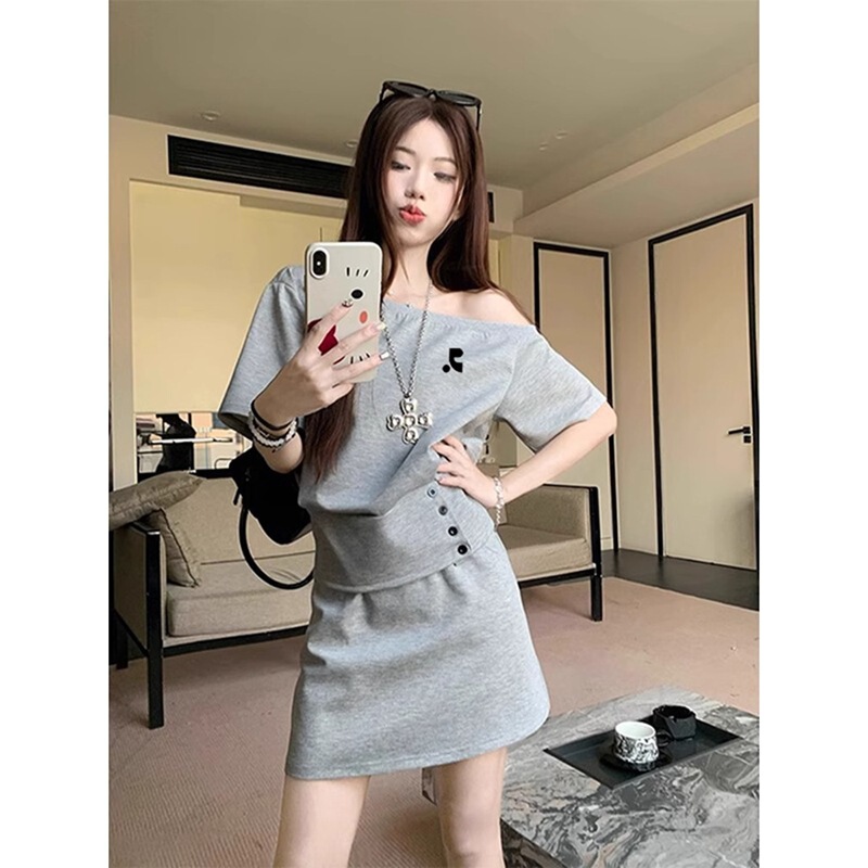 Korean Age-Reducing Casual Sportswear Suit for Women in Summer, Simple Waist-Cinching One-Shoulder Slanted Shoulder Short-Sleeved Skirt Two-Piece Set
