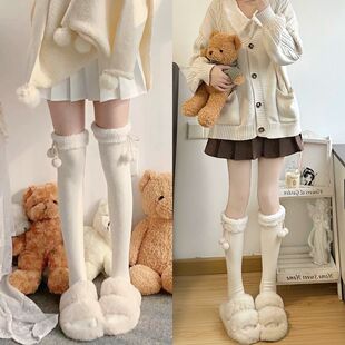 Milk white calf socks for autumn and winter women's thick warm bow fur ball mid-tube knee-high pile socks Japanese JK