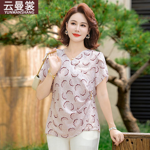 Middle-Aged Ladieswear Summer Short Sleeve Chiffon Shirt Western Style T-Shirt Top Middle-Aged Women Summer Fashion Print Shirt