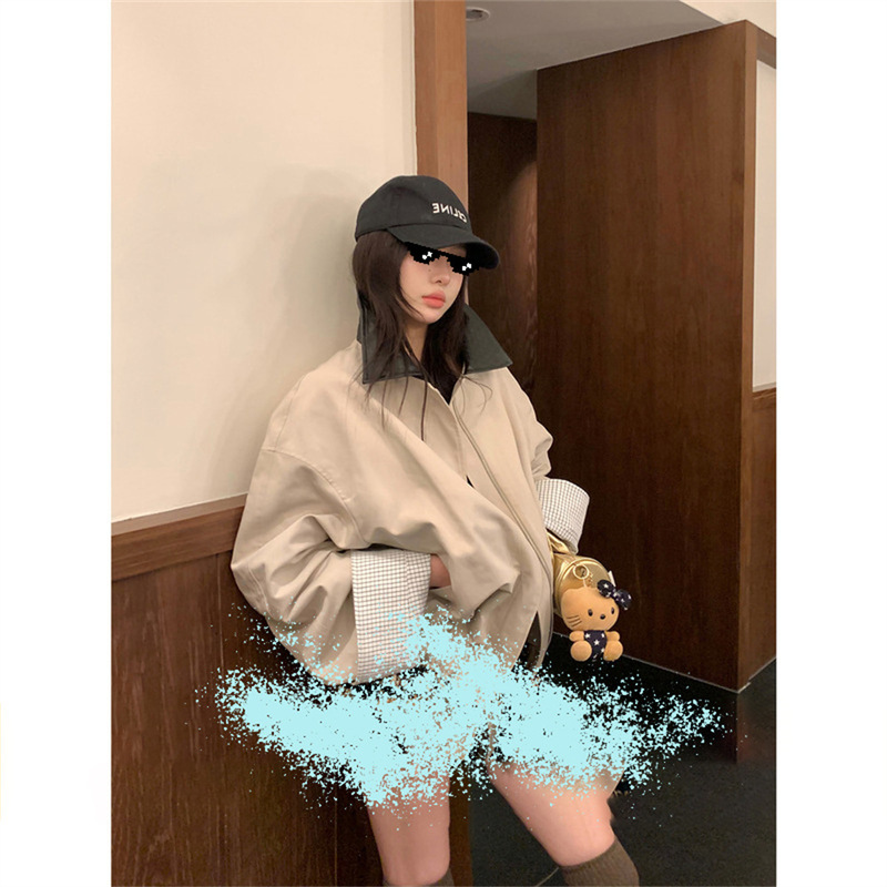 区区欧阳 翻领工装外套女秋季新款美式复古休闲宽松拼接夹克上衣|undefined