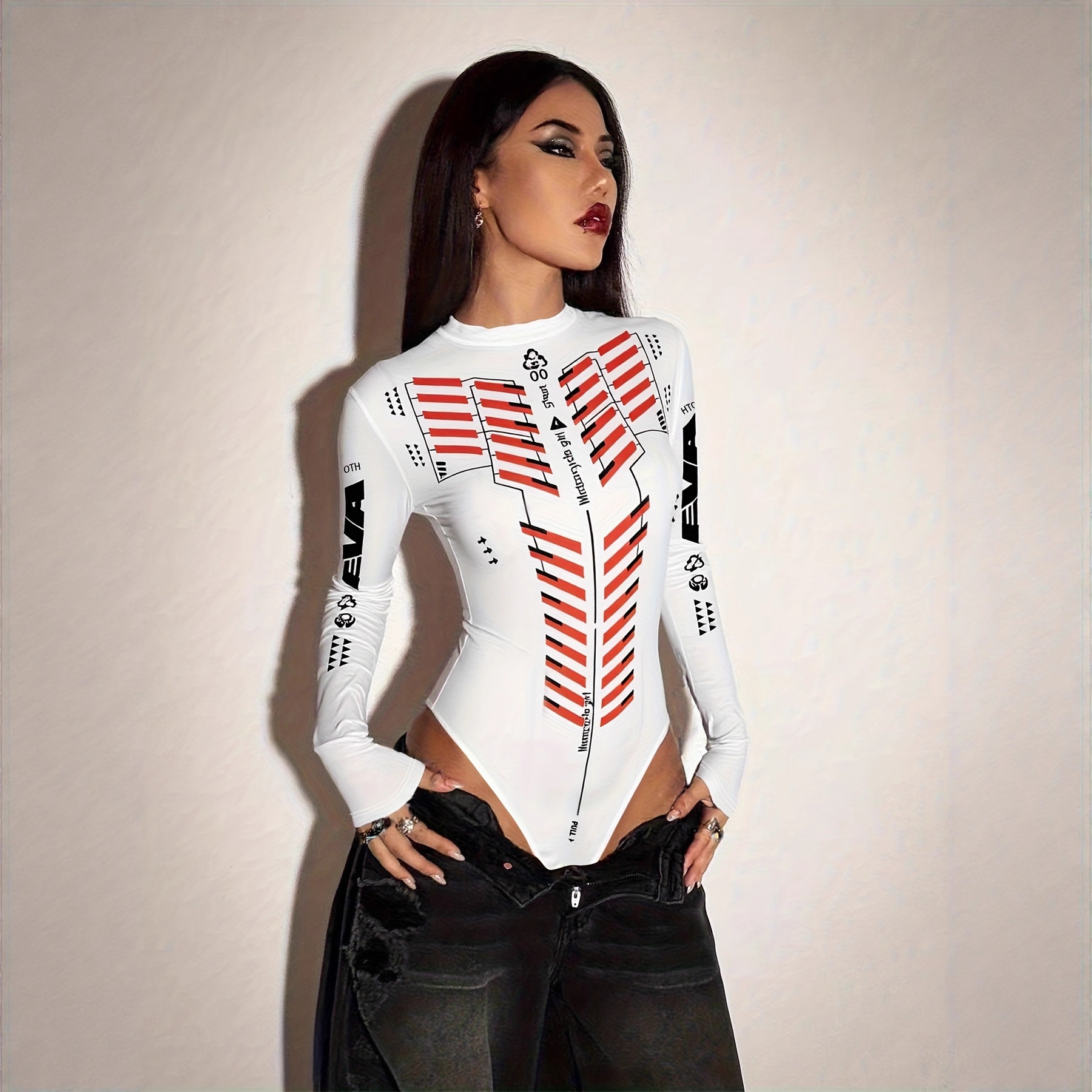 European and American Hot Girl Style Motorcycle Clothing Printed Long-Sleeved Half Turtleneck Jumpsuit for Women Summer Slimming Look Street Top Trendy