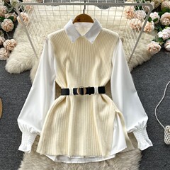 秋冬のゆったりとした長袖白いポロカラートップス、スリット入りベストセーター、軽くて豪華なレディーススーツ、女性用ニットセーター