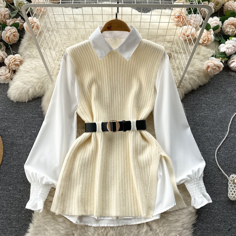 Autumn and Winter Vest Loose Long-Sleeved White Polo Collar Top Slit Vest Knitwear Accessible Luxury Celebrity Suit Women's Knitted Knitwear