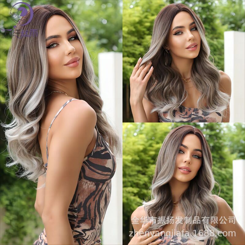 European and American Cross-Border Highlighted Medium-Parted Long Curly Wig Gray-Brown Gradient Large Wave Full Wig Ready for Sale European and American Cross-Border Highlighted Medium-Parted Long Curly Wig Gray-Brown Gradient Large Wave Full Wig Ready for Sale