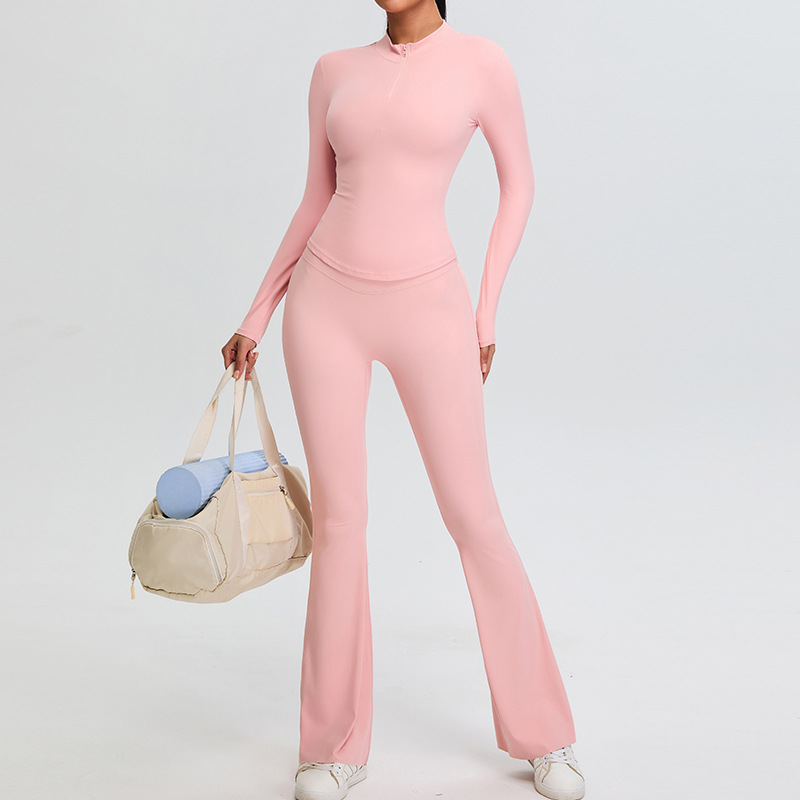 Cross-border nuevo ajuste de yoga delgado y delgado mujer media cremallera camiseta deportiva camiseta de piernas anchas