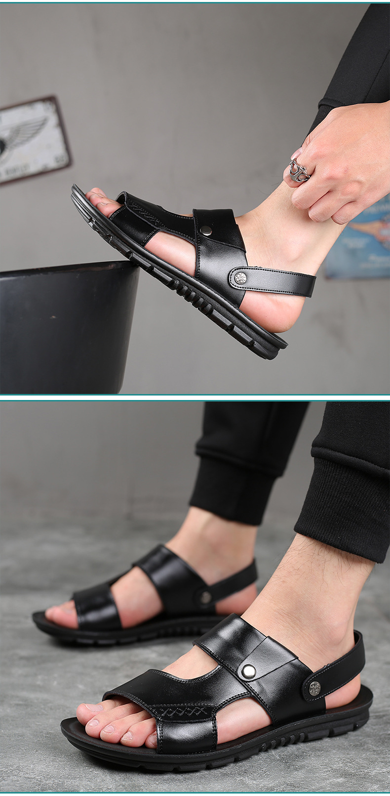 Men’s Genuine Leather 2-in-1 Sandals, Rotatable Metal Buckle Back Strap Casual Walking Slides_vogvips.com