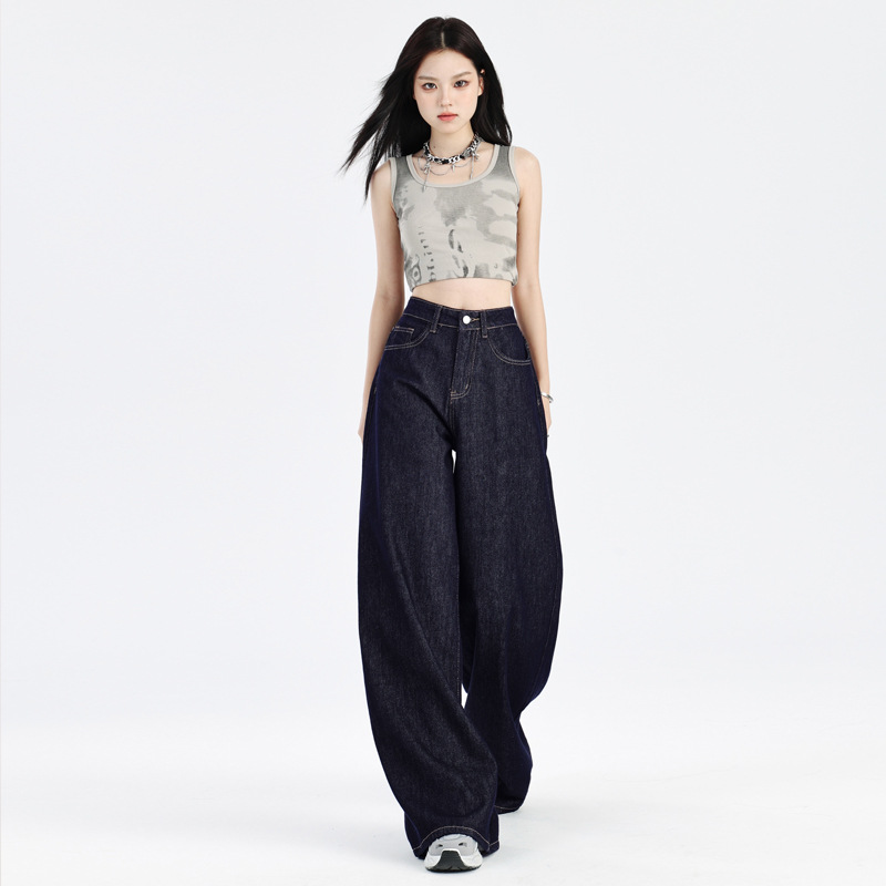 다크 블루 아메리칸 스타일 루즈핏 와이드 레그 청바지 여성용 2025 가을 신상 드레이프감 있는 레이지 스타일 바닥까지 닿는 스트레이트 팬츠