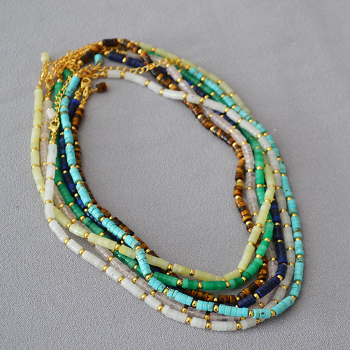 European and American Minority Retro Bohemian Mixed Color Stone Bead Splicing Fashion Simple Fresh Necklace Clavicle Chain 
