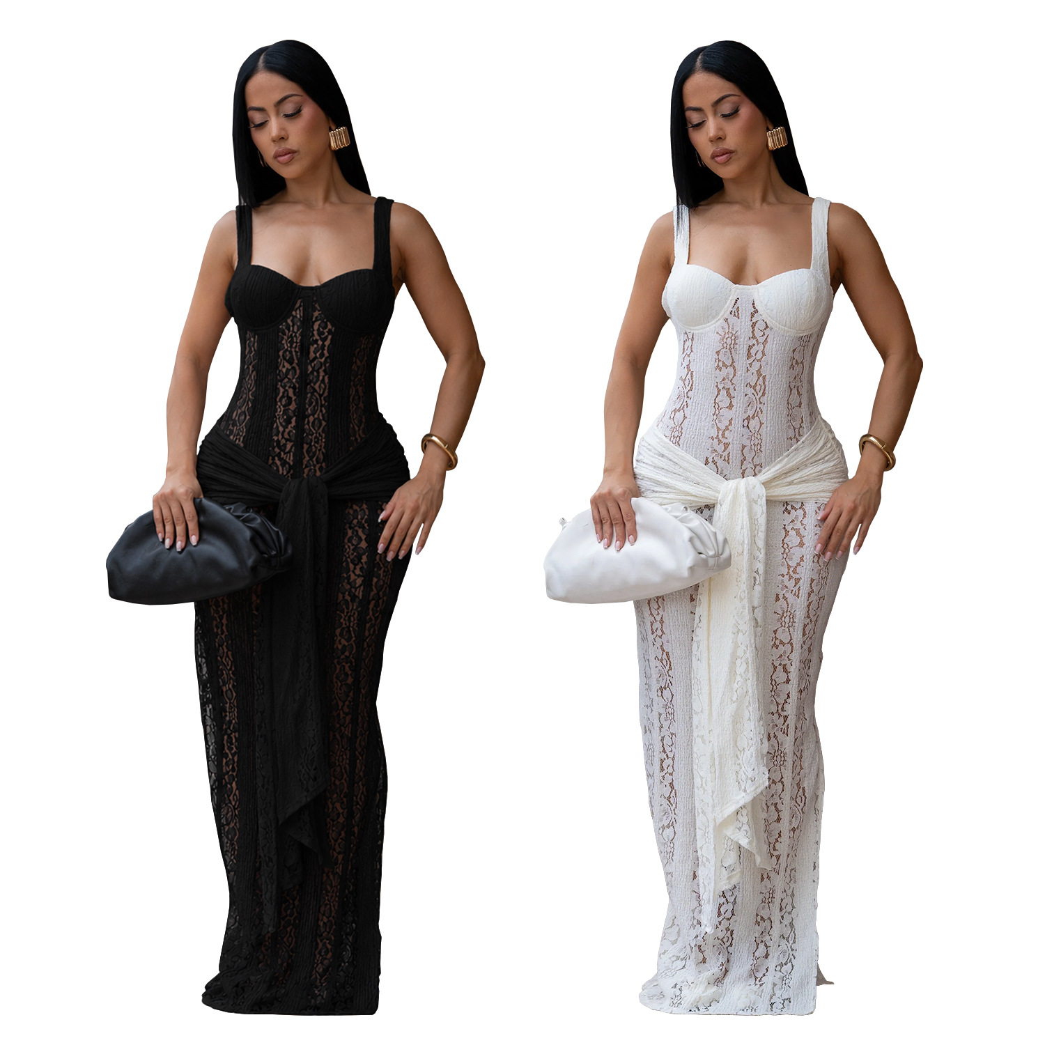 C7705 cross-border AliExpress amazon Europa y América moda mujer perspectiva sexy cordón de hombro vestido de cadera