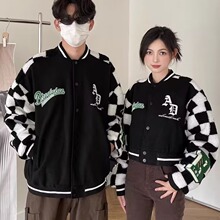 2024潮牌拼色设计感格子羊羔绒外套男女情侣宽松棒球服棉衣情侣装