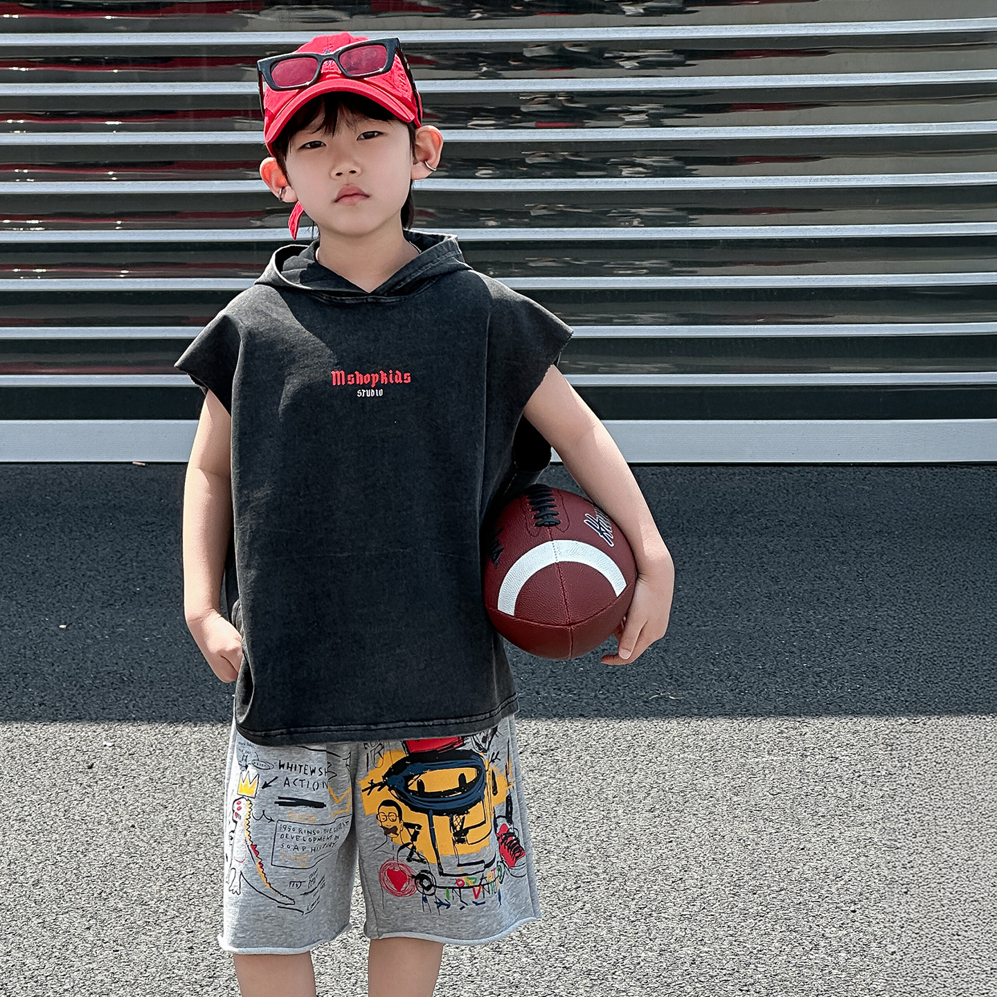 Boys' Summer Vest suit Children's Summer Korean Style 2025 New Sleeveless Hooded Denim Shorts Sports Children's Wear