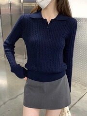 复古半开领纽扣修身长袖t恤打底衫女辣妹polo领麻花针织打底上衣