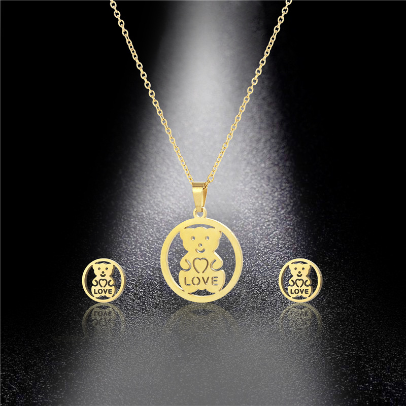 EU and South Korea Bear Pendant Female Titanium Steel Necklace Gold-Plated Niche Bear Necklace and E