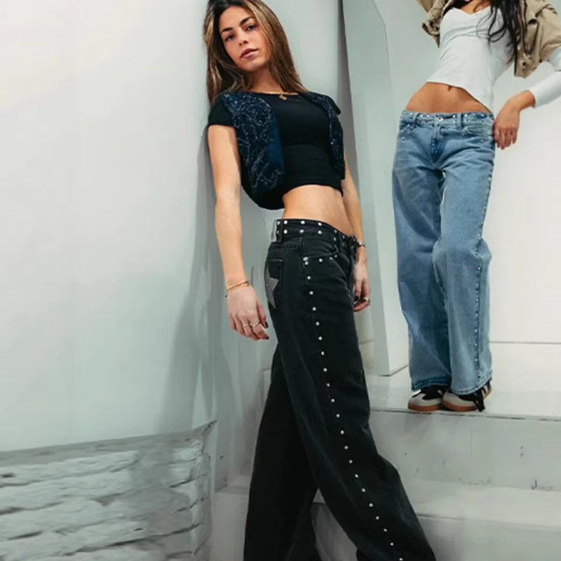 Blue Vintage Five-Pointed Star High-Waisted Jeans for Women, Fashionable Loose Jeans, Women's Clothing, Casual Straight Fit