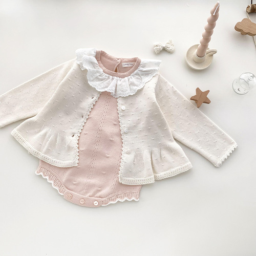 Cutemily Baby Girl Knitted Jumpsuit Ruffled Collar Romper Girls' Thin Spring and Autumn Long-Sleeved Embroidered Triangle Bodysuit
