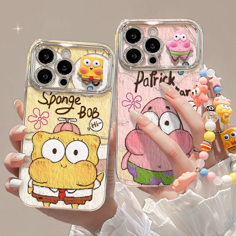 Sponge Big Star Doll Bracket Chain for Apple 16 Phone Case 15pro Electroplated 6D Windows 13 Soft Silicone X Sponge Big Star Doll Bracket Chain for Apple 16 Phone Case 15pro Electroplated 6D Windows 13 Soft Silicone X