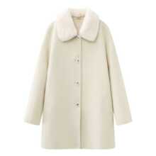 2025冬季新款毛茸茸娃娃领单排扣白色女士毛呢大衣L0171013013