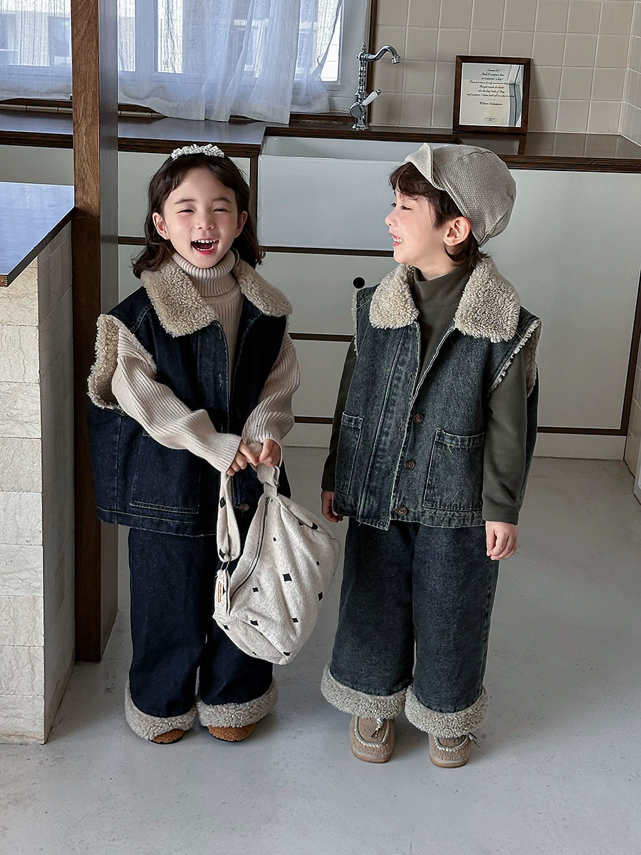 Winter denim vest for boys, jacket, set, increased thickness
