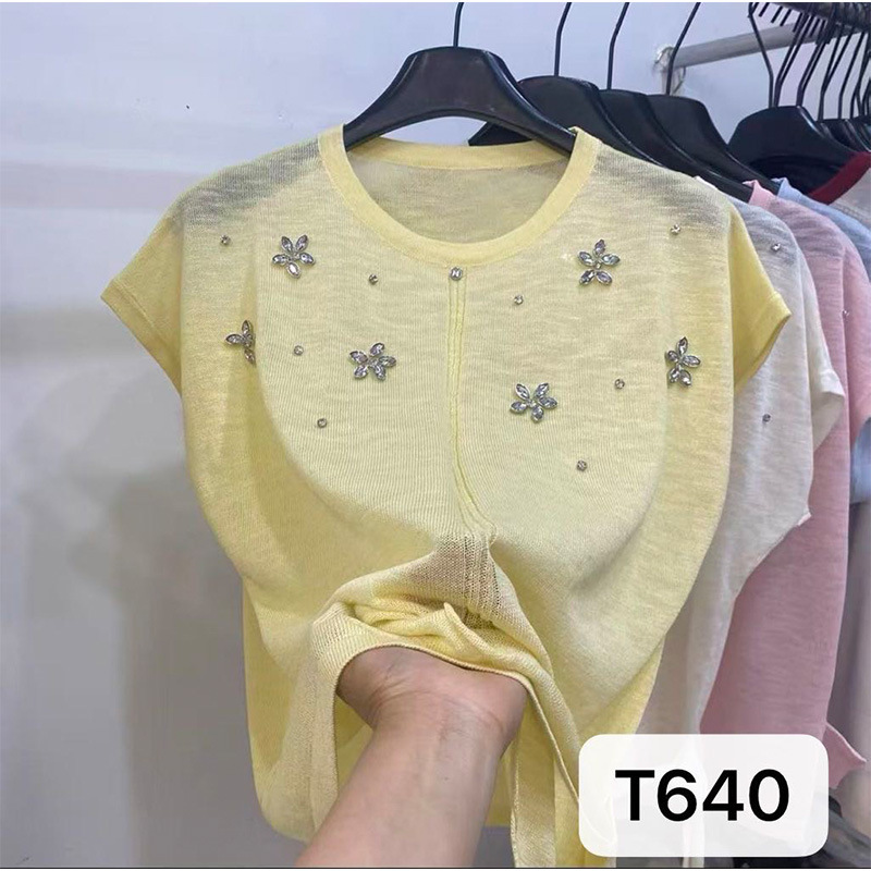 Summer Knitted Knitwear, Short-Sleeved T-Shirt, Hot Diamond Flower Print, Fashionable, Casual, Comfortable, Work Clothing, Elegant and High-End Sense
