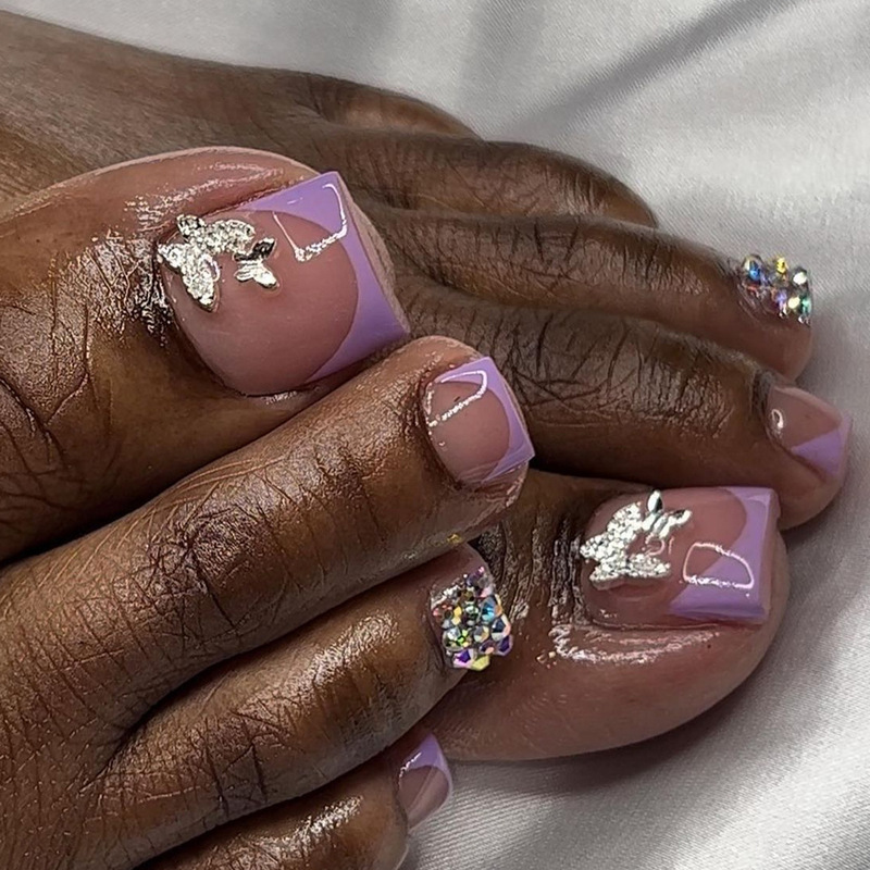 silver Butterfly French Foot Nail Pieces Purple Flash Diamond Wear Manicure Nail Patch Toenail Pieces Wholesale Customized silver Butterfly French Foot Nail Pieces Purple Flash Diamond Wear Manicure Nail Patch Toenail Pieces Wholesale Customized