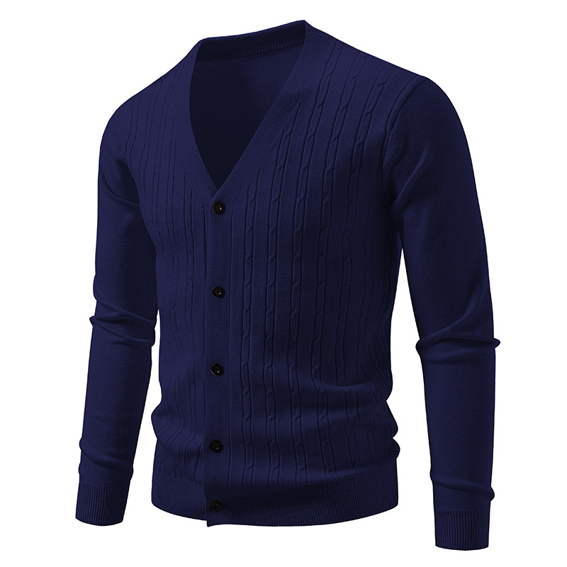 Koreanischer Strickcardigan für Herren – Leichter V-Ausschnitt-Pullover mit Jacquard-Details_voghion.com