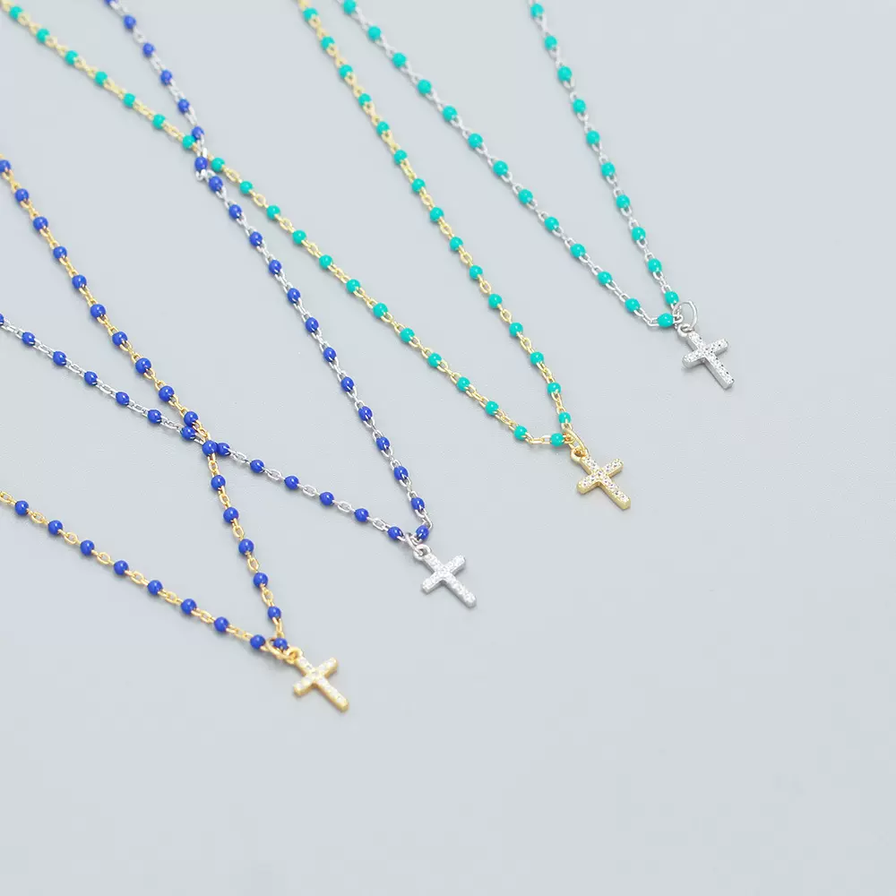 YHN060 欧美轻奢S925纯银INS叠戴十字架镶钻滴胶设计感锁骨链项链