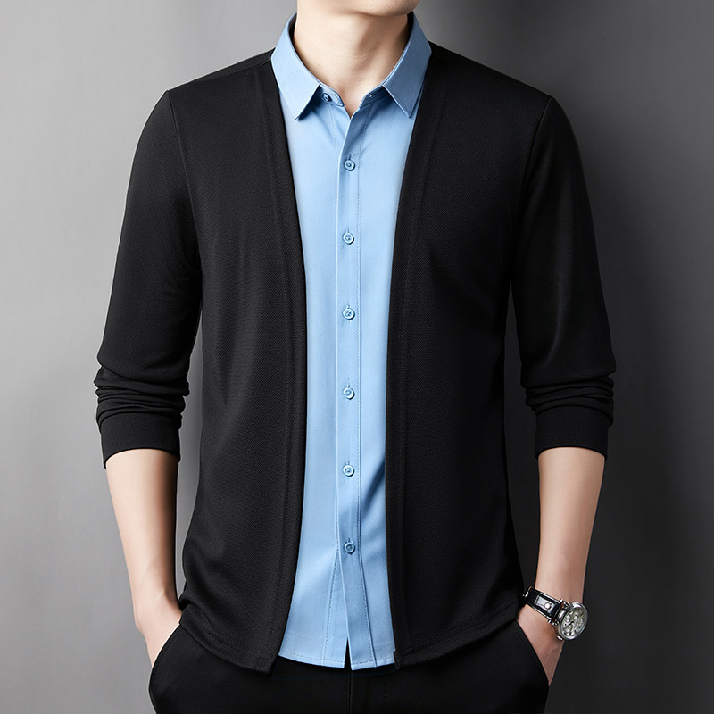Autumn new style two-piece knit sweater for middle-aged men, casual and versatile, long-sleeved polo shirt with a turn-down collar, available for wholesale