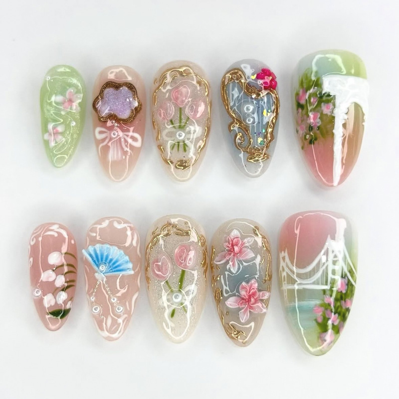 Cross-border 30-piece French retro oil painting style 3D gold-plated gel fake nails with tulip and lily of the valley designs Cross-border 30-piece French retro oil painting style 3D gold-plated gel fake nails with tulip and lily of the valley designs