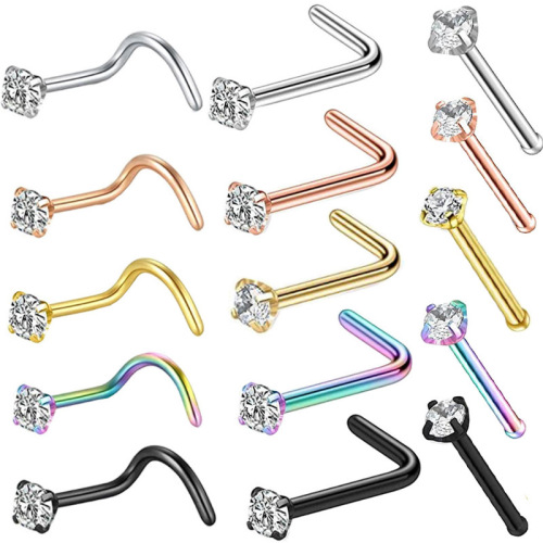 Cross-border mini L-bar nose piercing wholesale Amazon in-stock simple stainless steel straight bar zircon piercing nose ring jewelry