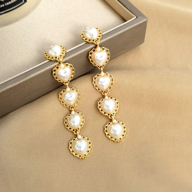 Fashion Heart Shape Alloy Plating Inlay Artificial Pearls Drop Earrings
