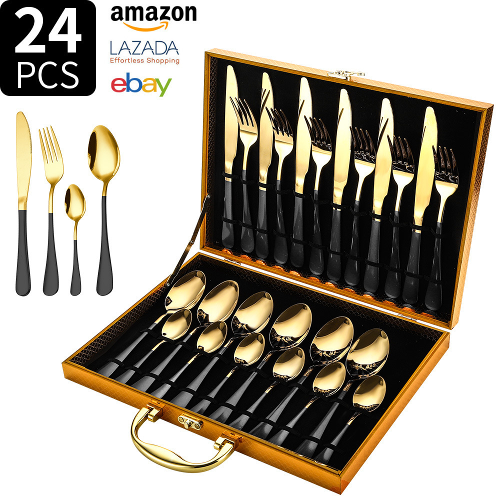 Fuente transfronteriza Amazon 1010 cubiertos de acero inoxidable cuchillo de comida occidental tenedor cuchara 24 piezas caja de regalo cuchara hotel
