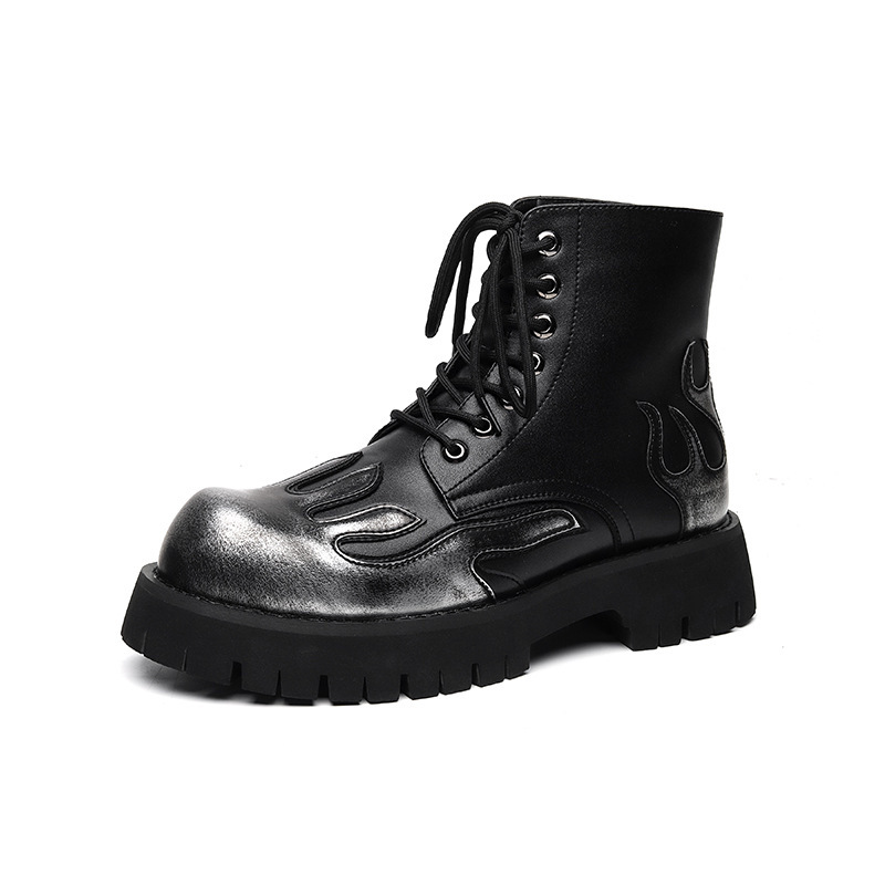 小众设计翘头马丁靴男火焰皮靴复古做旧高帮大头皮鞋潮9519-R