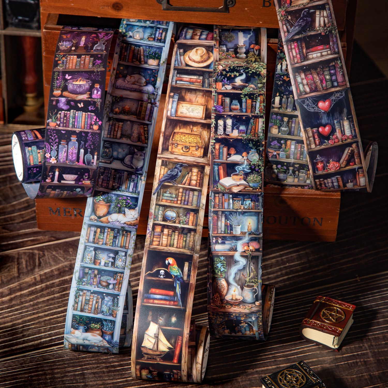 Un hermoso día leyendo paisajismo cinta PET serie de estantería mágica 6 collages decorativos de cuentas a mano