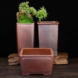 柴烧紫砂兰花盆透气陶瓷客厅高四方盆景盆内门竹子悬崖老桩盆批发