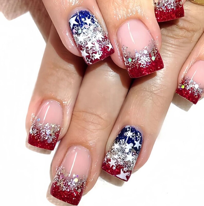 Cross-Border Best-Selling Independence Day Manicure Nails Red French Glitter Small Star Short Square Wearable Nails Wholesale