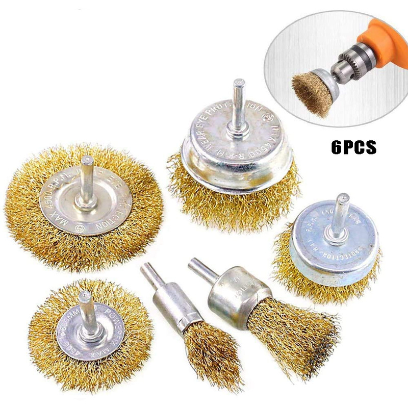 6-piece set of steel wire brush suit with rod brass coated steel wire brush deburring polishing steel wire brush drill bit 6-piece set of steel wire brush suit with rod brass coated steel wire brush deburring polishing steel wire brush drill bit