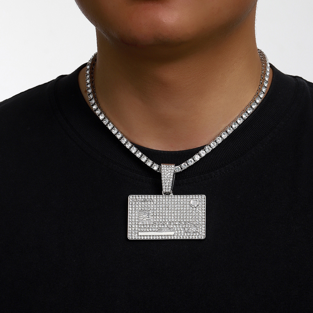 Hip Hop Cross-border europeo y americano de los hombres Hip Hop Full Diamond Aleación Cuadrado Tarjeta bancaria Escudo Cubano Collar Collar Joyas para hombres