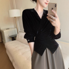 秋季黑色v领丝绒衬衫女士时尚气质修身收腰显瘦长袖T恤上衣A6702