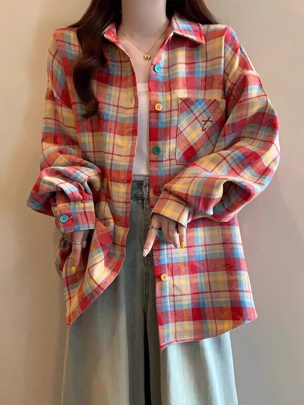 Dopamine Button-Down Long-Sleeve Shirt, Loose and Versatile, Korean-Style Plaid Casual Slim-Fit Lazy Style Shirt Dopamine Button-Down Long-Sleeve Shirt, Loose and Versatile, Korean-Style Plaid Casual Slim-Fit Lazy Style Shirt
