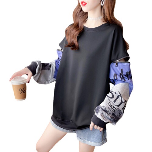 Korean style street style zippered hollow sweatshirt for women, loose and versatile spring and autumn wear, Harajuku style thin printed top