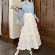 甜美蕾丝拼接蝴蝶结半身裙女春2025木耳边高腰A字宽松过膝蛋糕裙