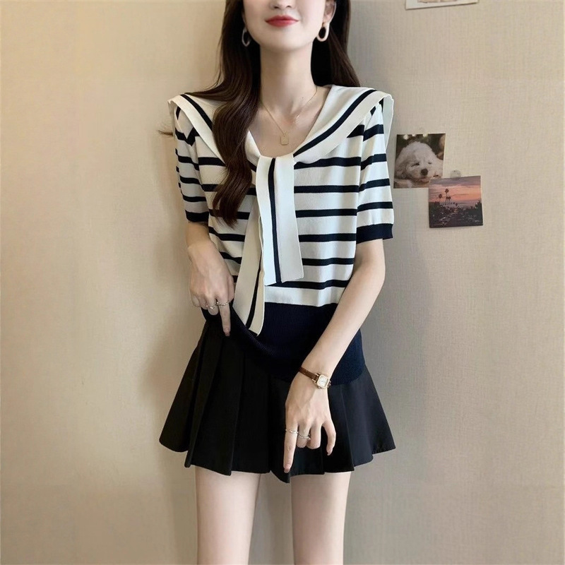 2025 New Summer Elegant Slimming T-Shirt Versatile Women's Navy Collar Fashionable Striped Short Sleeves