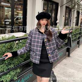 深圳南油高端欧美原单小香风撞色丝绒复古优雅格纹羊毛棉服外套女